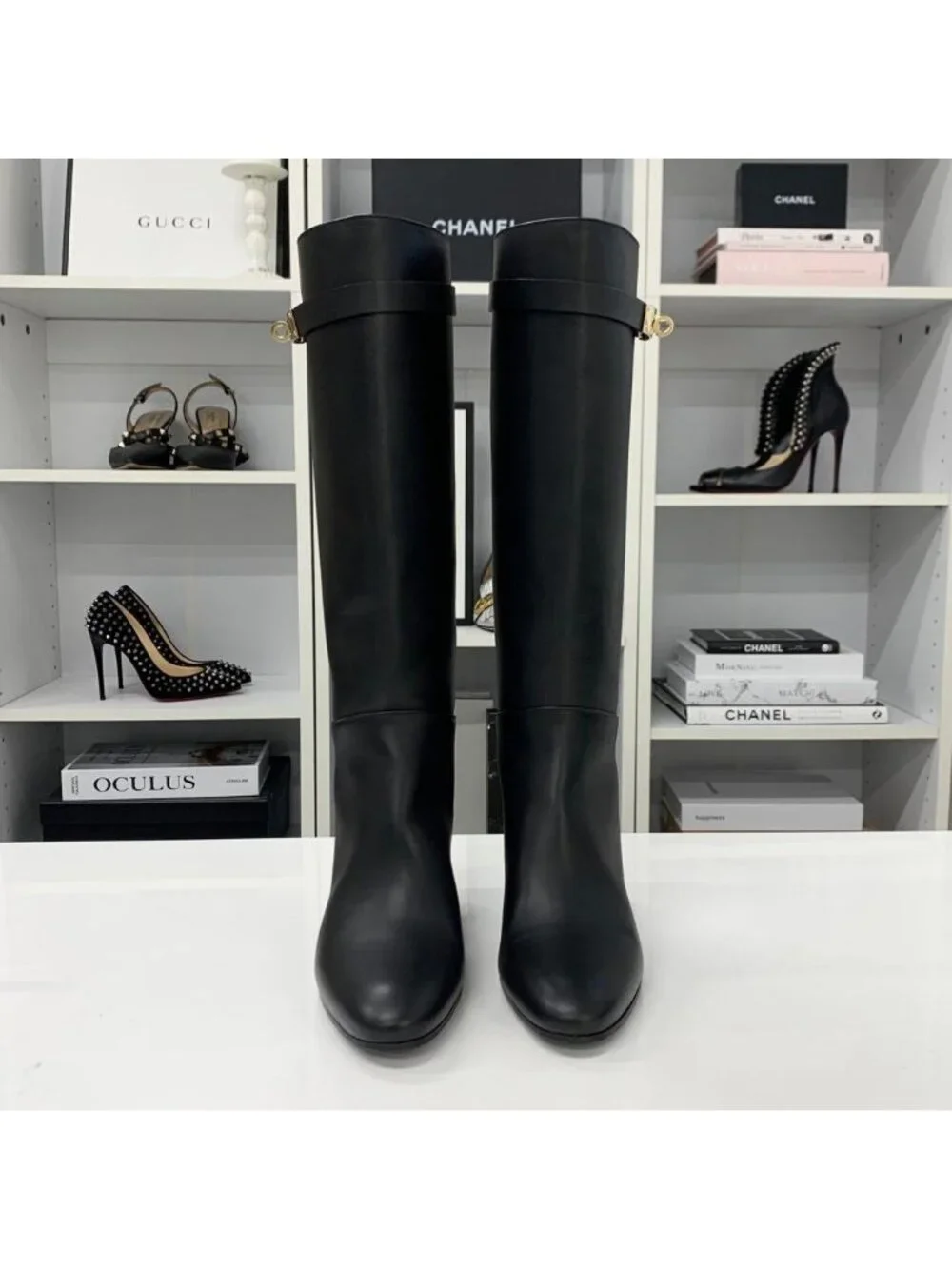 Hermes Story 50 Kelly Leather Long Boots Black
